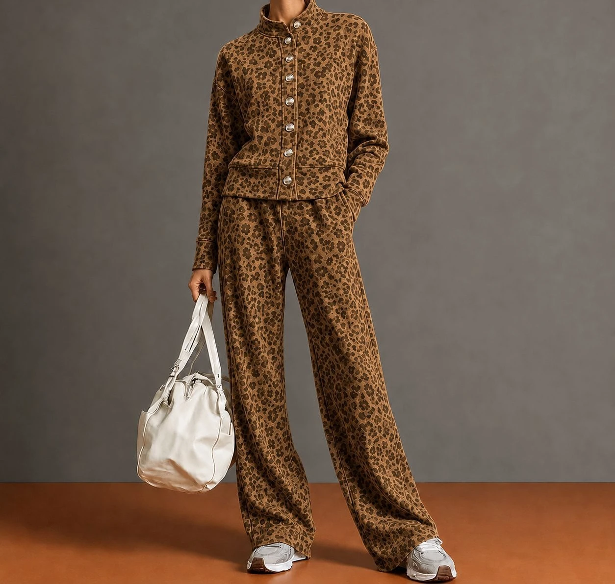 2026 Autumn/Winter Women's Retro Leopard Pattern Stand Up Collar Single Breasted Coat Wide Leg Pants Casual Set