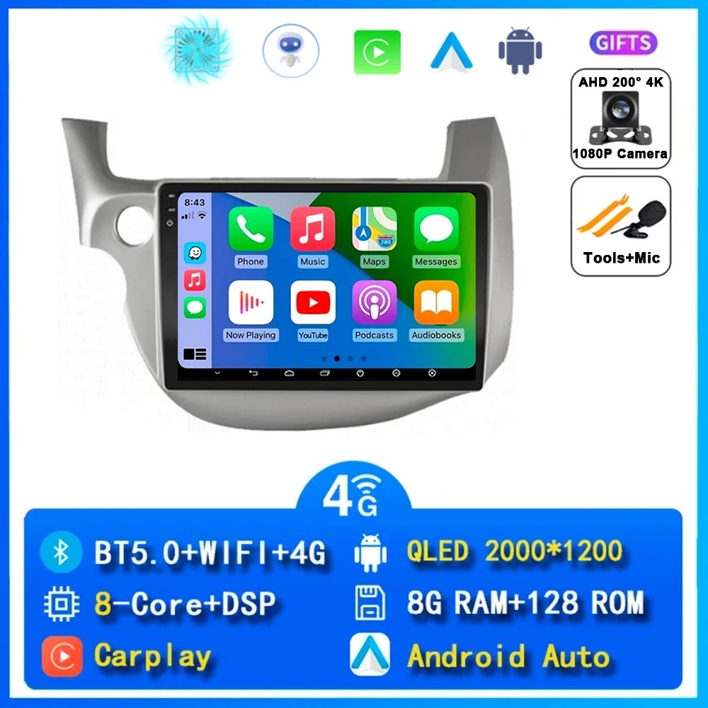 10 "Autoradio Radio Voor Honda Fit Jazz 2007 - 2014 2din Android 15 Carplay Multimidia Video Player Navigatie GPS Head Unit