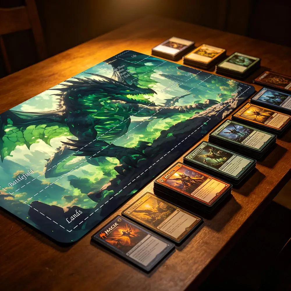 Emerald Green Dragon Magic Playmat, Rubber Anti-Slip Gaming Mat with Edge Locking for Trading Card Game & PC Accessories