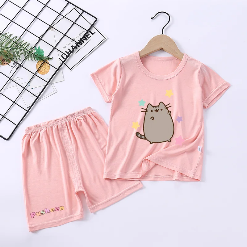 Pusheen Pajamas Suit Cartoon Cat T-shirt Pants Set Pink Cute Loungewear Girls Cool Tee Shorts Nighty Casual Comfortable Homewear