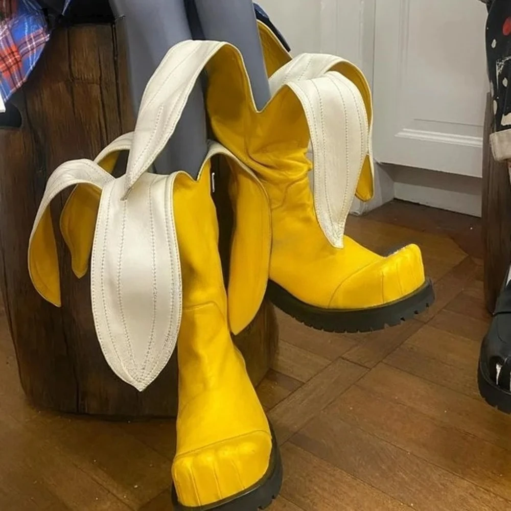 Trending Mid Calf Yellow Designed Banana Boots Flat With Shoes For Women Slip On Round 2025 Fashionable Zapatos Para Mujere