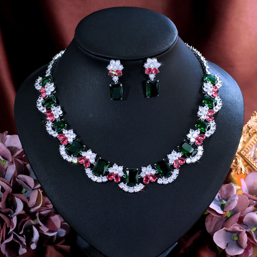 CWWZircons Vintage Multicolor Cubic Zirconia Luxury Big Chunky Necklace Sets for Women Bridal Party Wedding Decor Jewelry T0979