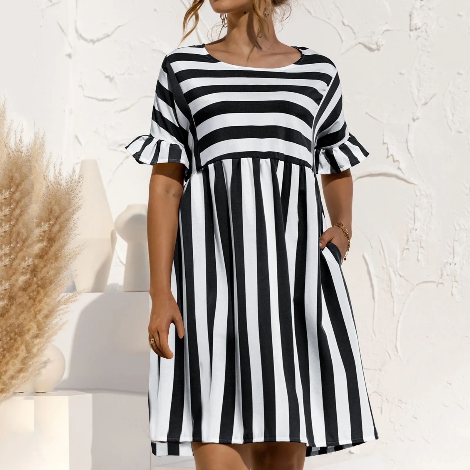 

Women Summer Beach Dress Fashion Casual Clothe Loose Striped Ruffles Sleeves Dresses Pregnancy Party Mini Dress Sundress Vestido