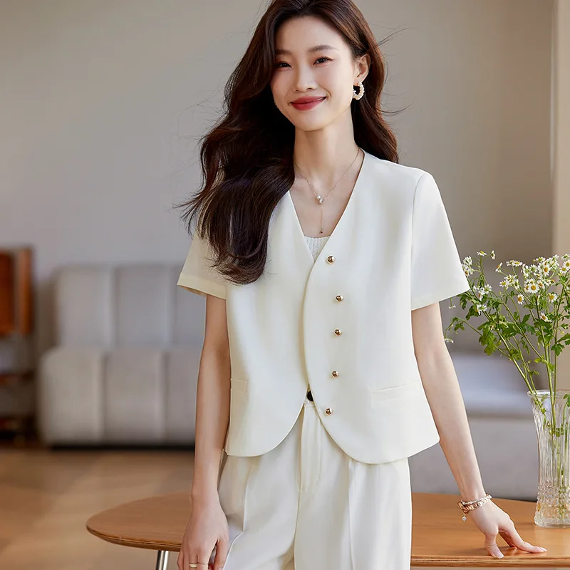 

2024Spring and Summer New Fashion Elegant Collarless Short Sleeve Suit Coat Women's Commuter Single-Breasted Suit Suit