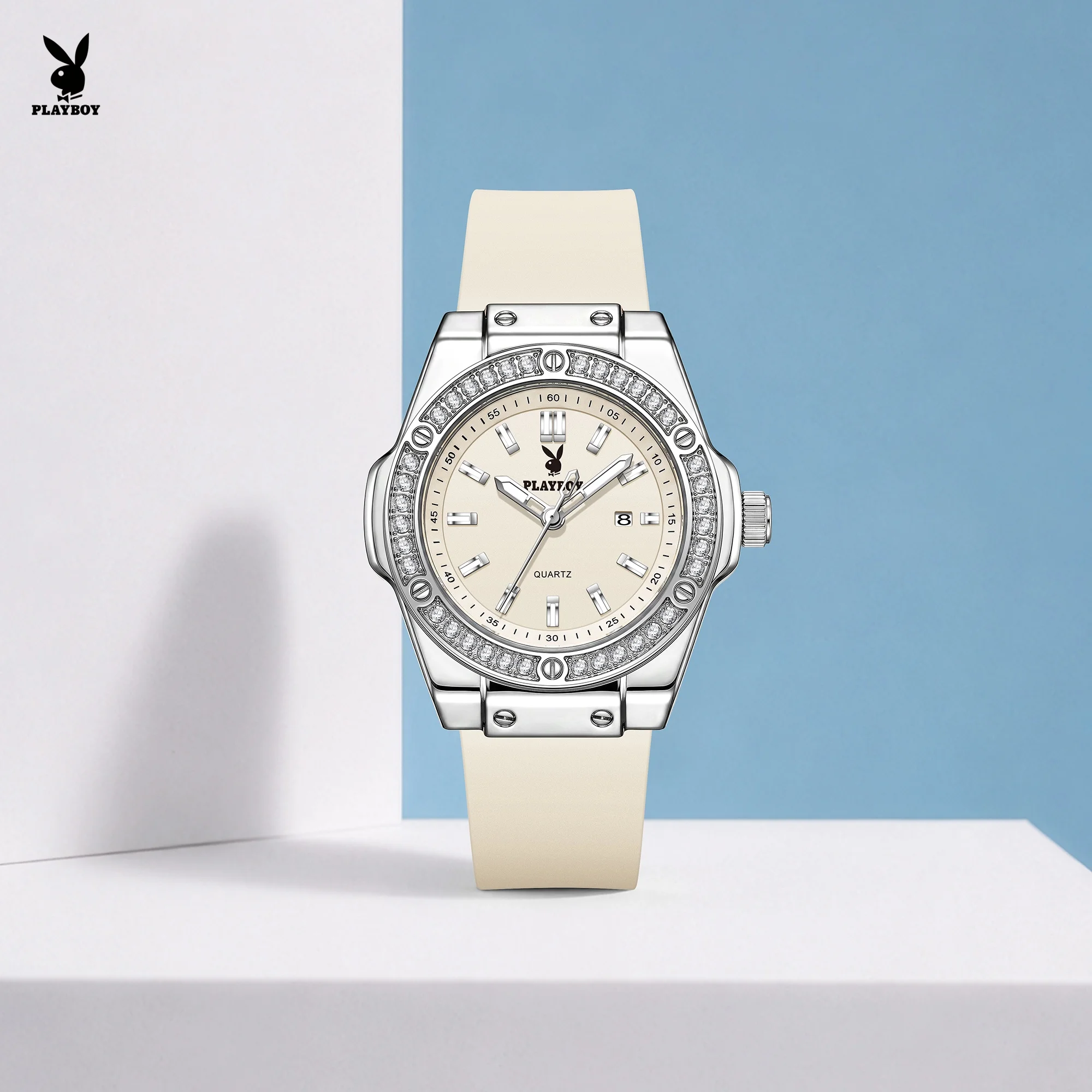 PLAYBOY 3147 Original Quartz Movement Watch Round Dial Silicone Strap HD Luminous Function 30m Waterproof Watch Women