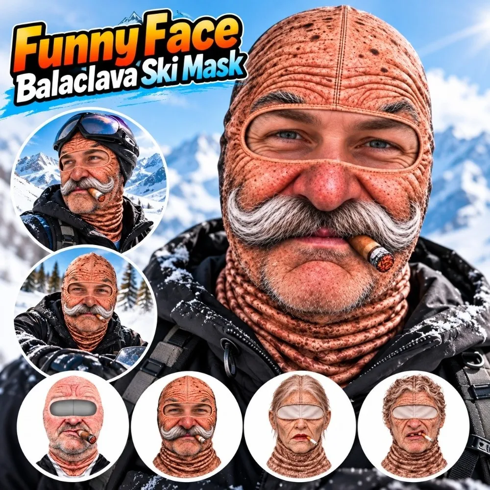 3D Face Printed Old Man Balaclava Face Mask Elderly Man Full Coverage Funny Ski Mask White Mustache Elastic Ski Mask Hood