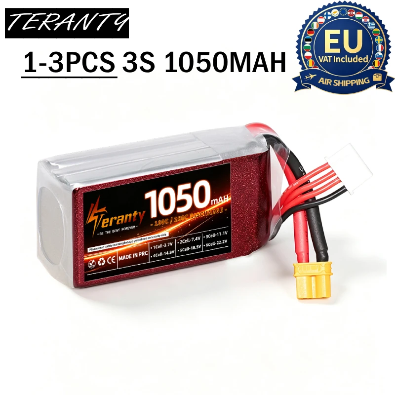 Teranty 1050mAh 3S 11.1V 100C LiPo Battery XT30 Plug for 2‑3 Inch FPV Cinewhoop Drone MiniRC Airplane Car Boat