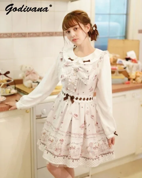 Liz New Fashion Lace Floral Bowknot Sweet Long Sleeve A Line Dress Japanese Girl Ladies Doll Collar Bear Print Princess Dresses