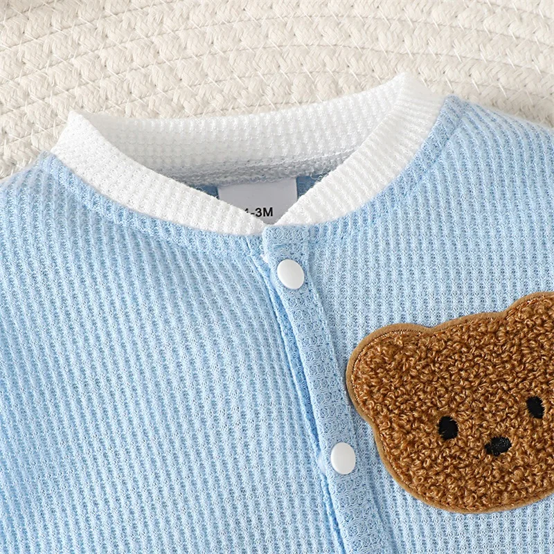 Bear Embroidery Sweater Jumpsuit Baby Girl Boy Romper Button Bodysuit Waffle Knit  Newborn Coming Home Outfit