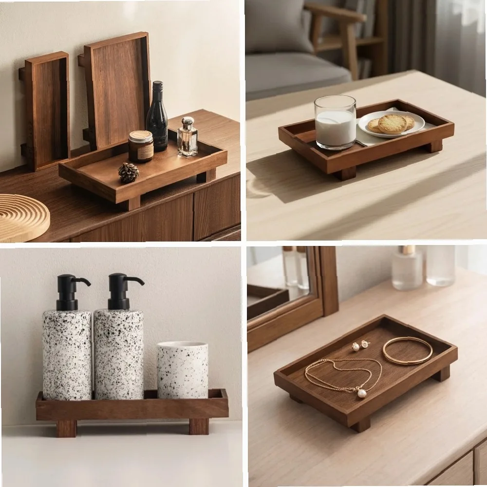

High Feet Japanese Style Wooden Tray Solid Wood Stable Gongfu Tea Tray Rectangular Retro Jewelry Storage Plate Tea Table