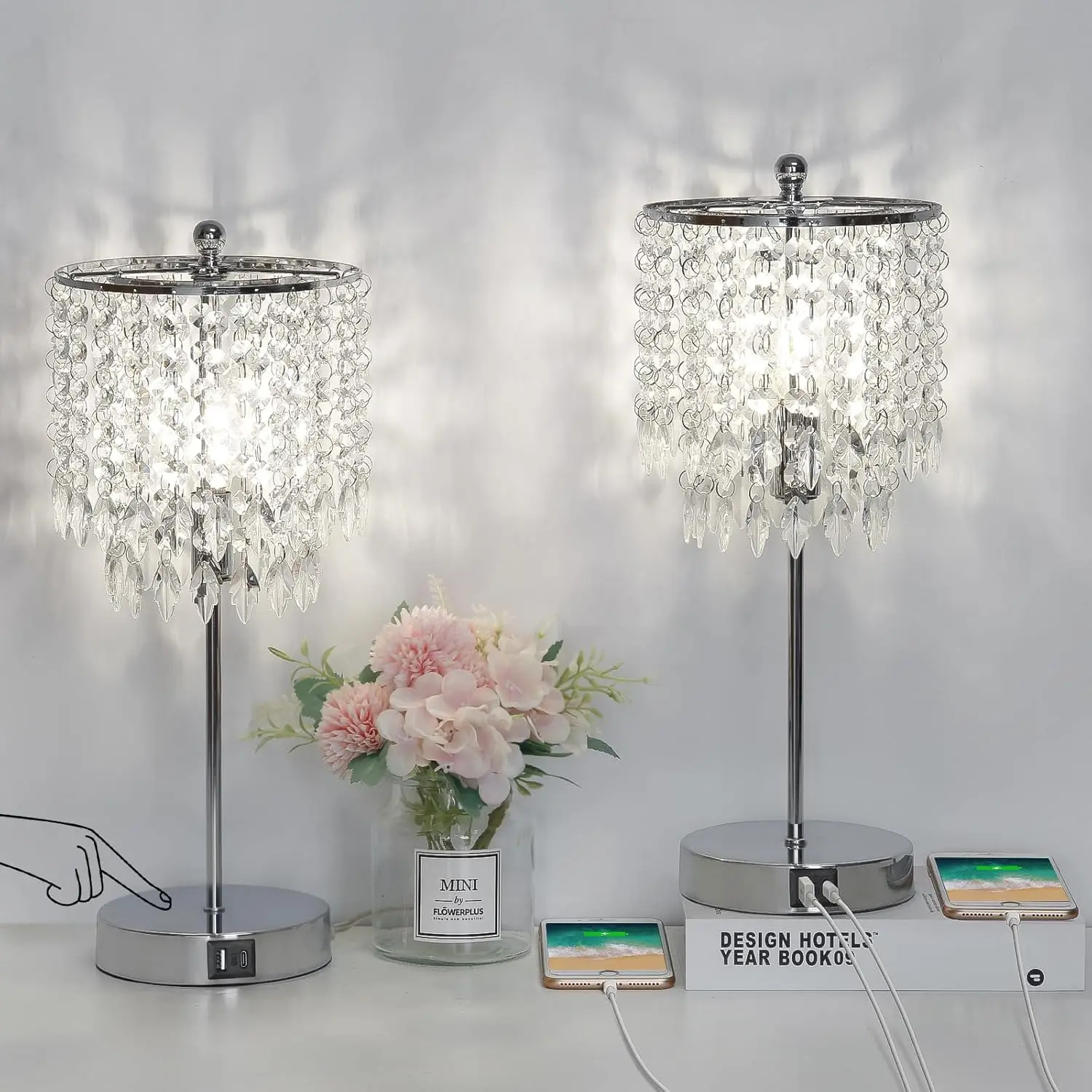 Crystal Table Lamp Set of 2, Touch Control, USB Ports, Dimmable LED Bedside Lamp, Silver Shade for Bedroom, Living Room