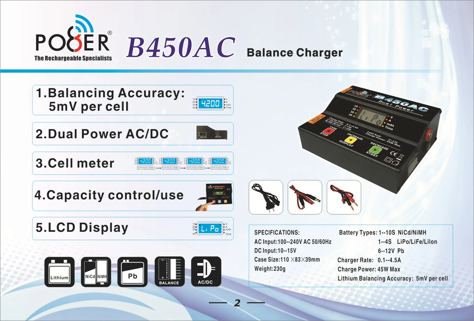 Multi-Function Battery Charger 1S-4S Balance Charger B450AC Power 45W 4.5A