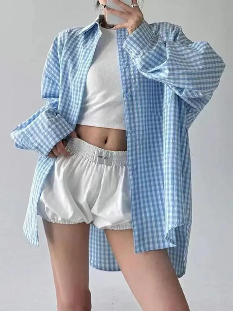 

Spring Autumn Long Sleeve Elegant Blouse Tops Trend Korean Vintage Women's Yellow Blue Red Plaid Patchwork Single Breasted Shirt