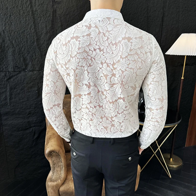 2024 Spring Flower Hollow Out Shirt for Men Long Sleeve Solid Color Slim Casual Shirts Social Party Tuxedo Blouse Men Clothing