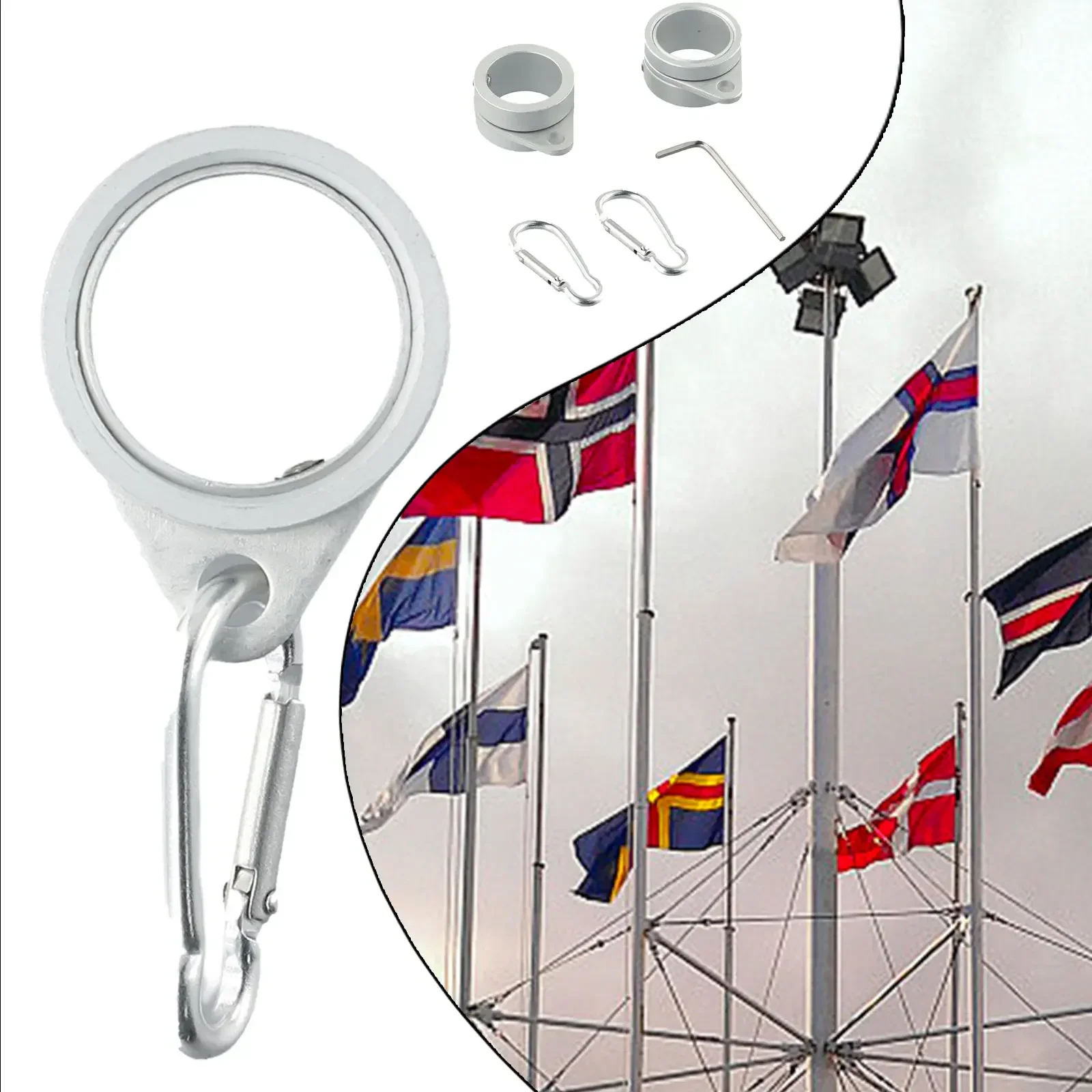 2Pcs Aluminum Alloy Flag Pole Rings Degree Rotating Flagpole Mounting Rings Kit With Carabiner For 0.75-1.02Inch Flagpole