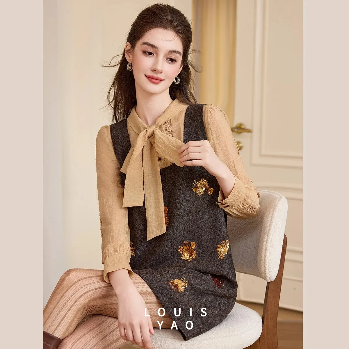 

LOUISYAO 2026 Autumn Winter Women A-Line Fake Two Piece Dress Lyocell Blend Lace-Up Midi Dress Casual Office Wear