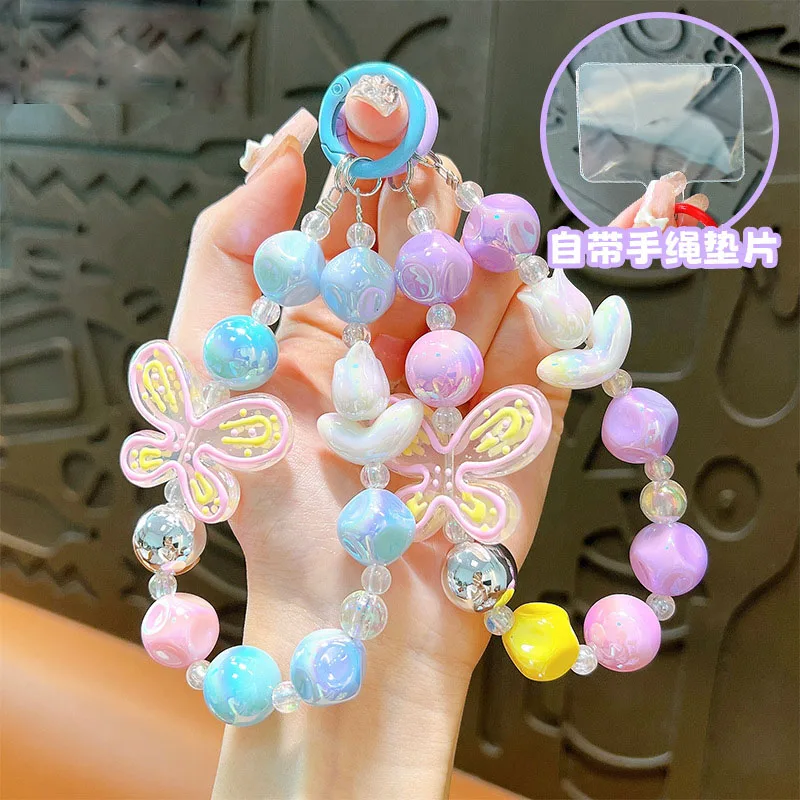 Creative Hand-painted Butterfly Tulip Beads Keychain Lovely Exquisite Irregular Beaded Bracelet Mobile Phone Chain Keyring Gifts