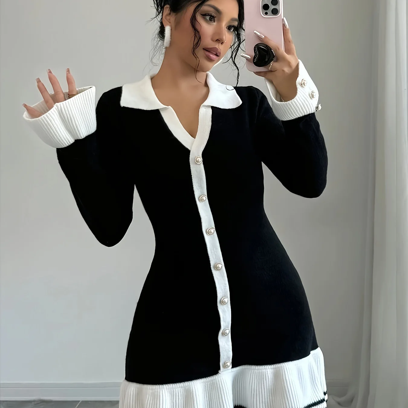 

Slim Fit V-ne Knitted Dr Long Sve Ruffle Commute Sle A-line Chinese Production 2024 Autumn Collection