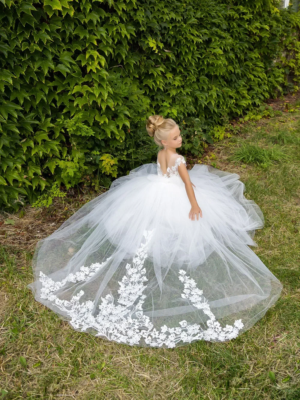 Vestido elegante de encaje blanco con estampado de flores para niña, vestidos esponjosos de tul para boda, desfile de cumpleaños, fiesta de noche, vestidos personalizados