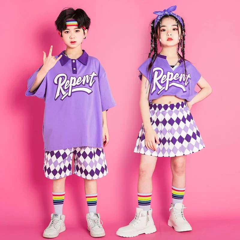 

Kids Hip Hop Purple Green Crop T Shirt Top Casual Summer Shorts Skirt Mini for Girl Boy Jazz Dance Costume Set Outfits Clothes