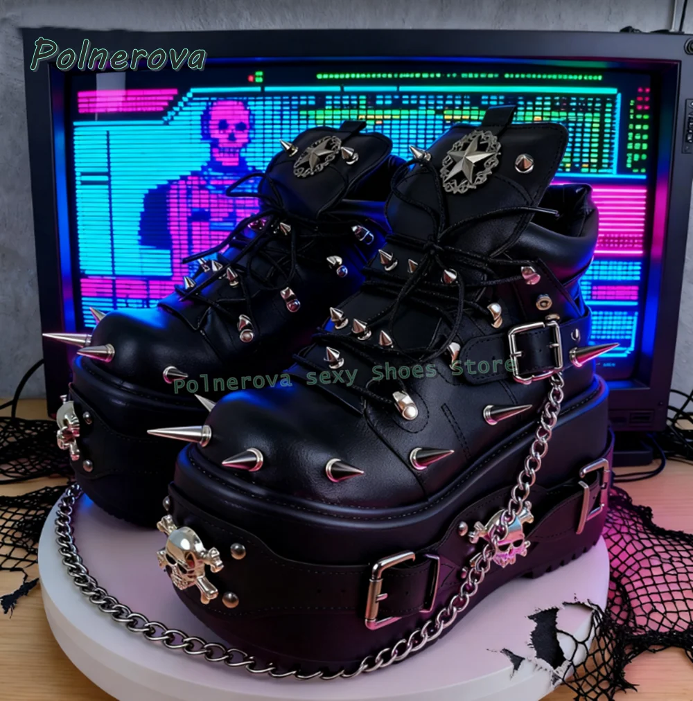 

Metal Skull Platform Punk Boots Round Toe Thick Sole Belt Buckle Metal Rivet Spike Dark Couple Motorcycle Boots Plus Size 35-50