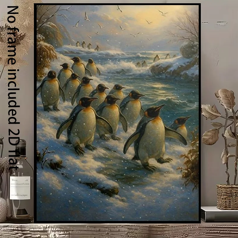 2D Flat, 2D Flat, A 1pc Decorative Canvas Painting Featuring a Group of Penguins Strolling Between Waves And Snow in a Winter