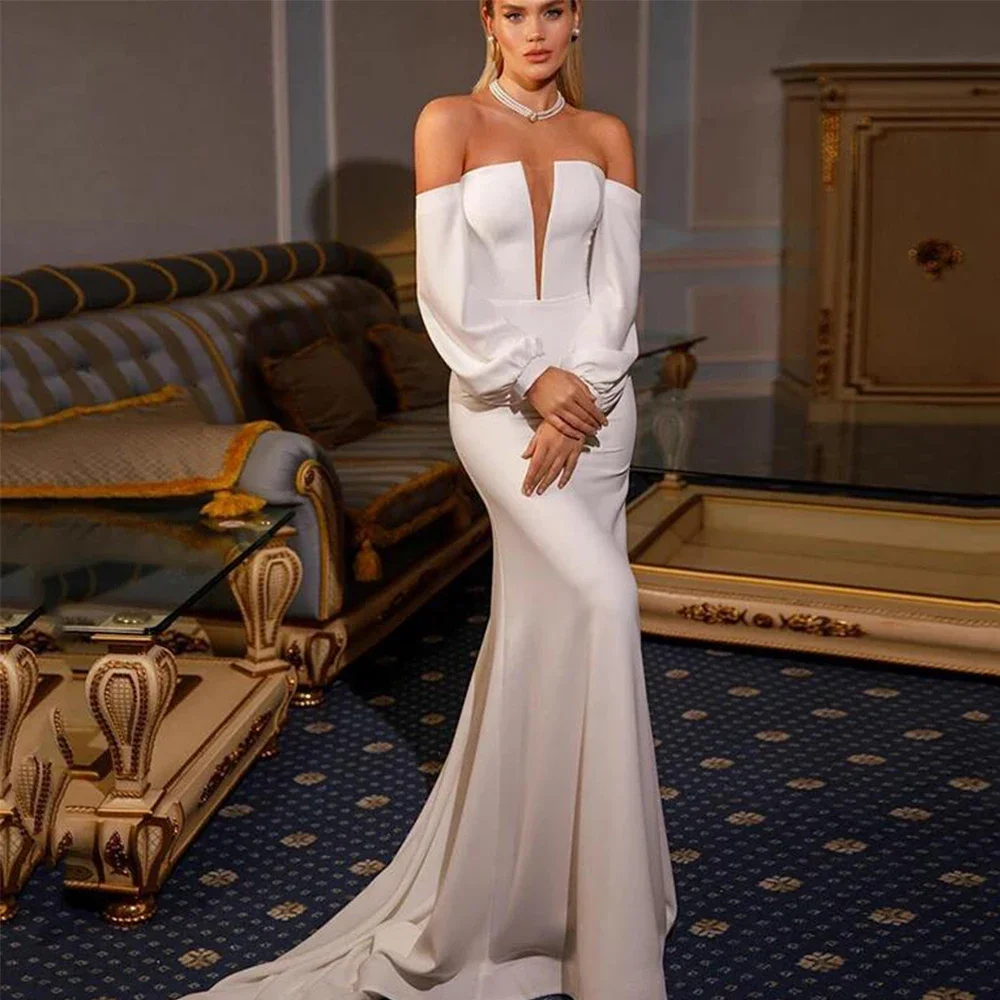 

Fashion Wedding Dresses White Puff Sleeves Deep V-Neck Mermaid Gowns Chic Simple Sweep Train Bridal Dresses Vestidos De Gala