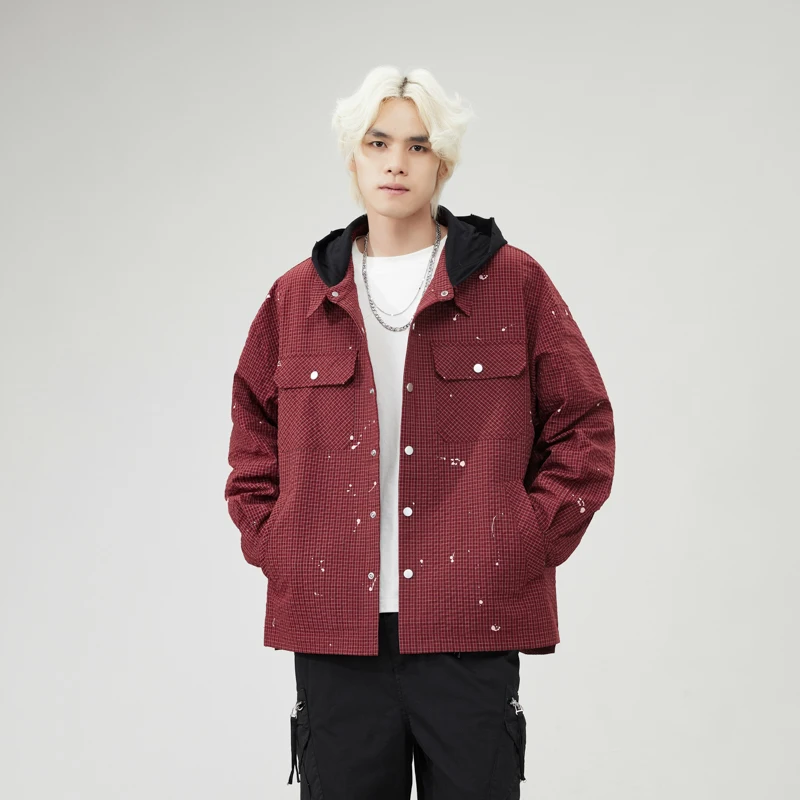 

Men Streetwear Fashion Loose Casual Plaid Hood Varsity Jacket Cityboy Autumn Coat Outerwear Sping Outdoor Hooded Cargp Jacket