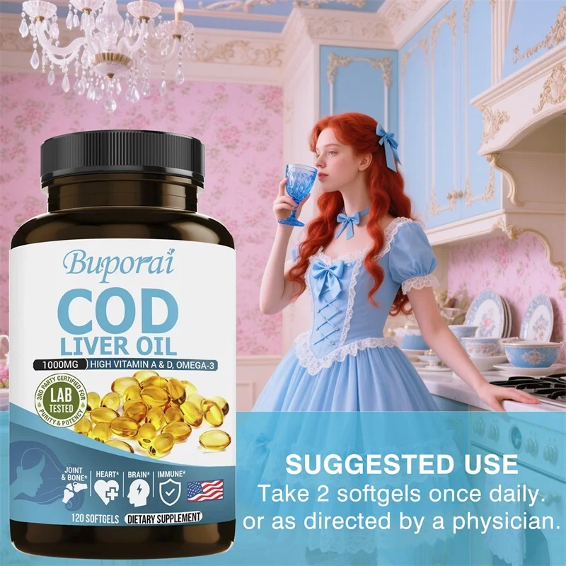 كبسولات زيت كبد سمك القد، غنية بفيتامين أ ود، تساعد على الحفاظ على البشرة الصحية والدماغ والعظام القوية وتحسين الذاكرة