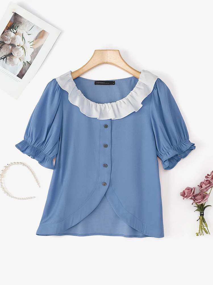 بلوزة نسائية من ZANZEA قمصان مكتب صيفية أنيقة بأكمام قصيرة منتفخة قميص عمل OL بحاشية غير منتظمة بلوزات مرقعة تونك نسائية #2