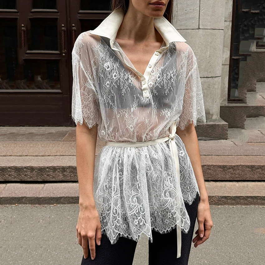 

Linad Elegant White Embroidery Blouse Women 2026 Street Chic Sheer Lapel Shirt Female Autumn Casual Belt Short Sleeve Lady Tops