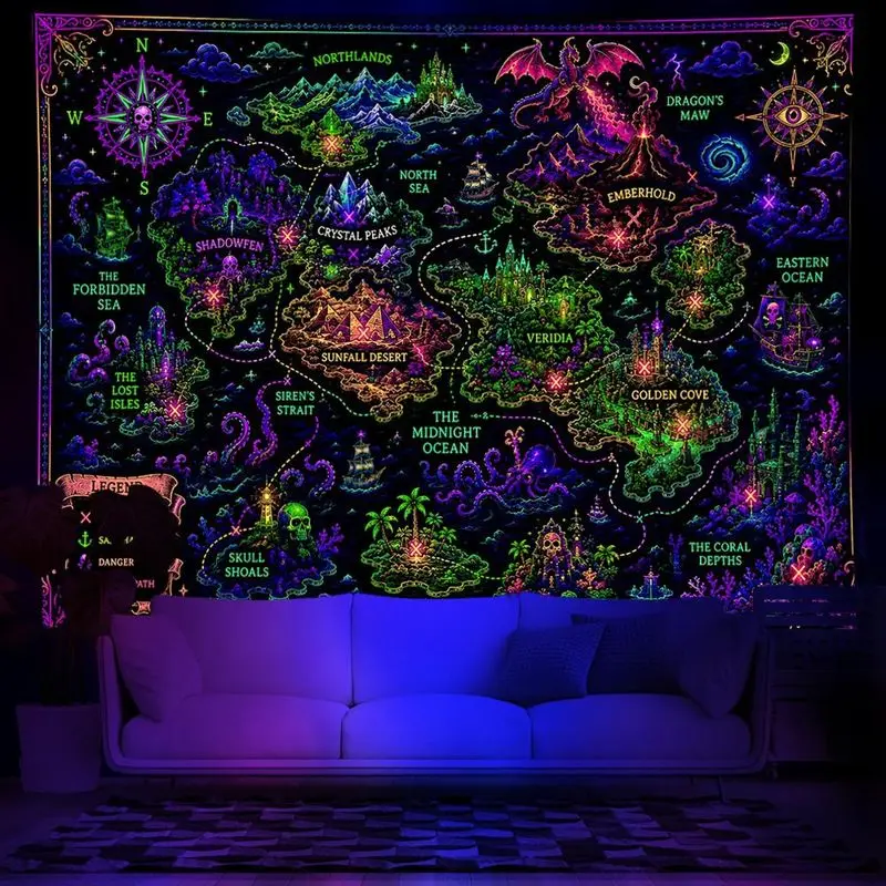 VIKAMA Fantasy World Map Tapestry Medieval Dragon Treasure Polyester Wall Hanging Bedroom Dorm Living Room Gothic Spooky Soft