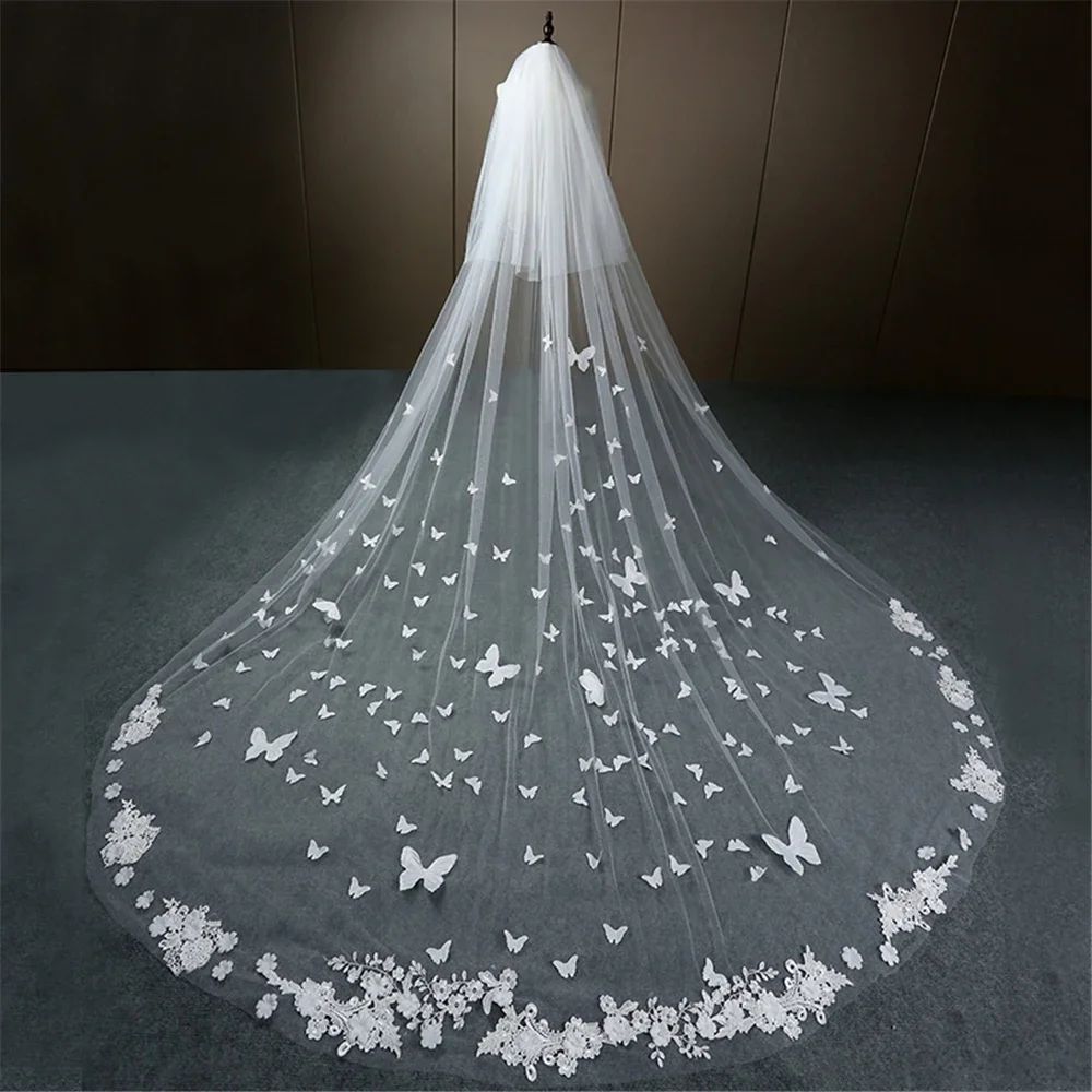 

Wedding Veil Long Lace Edge 3D Butterfly Floral Appliques Face-Covered Cathedral Bridal Veil With Comb velo de novia White Ivory