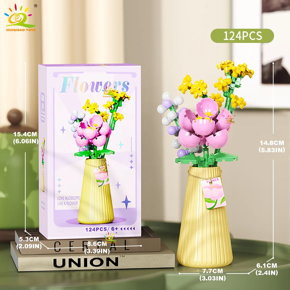 HUIQIBAO MOC Eeuwig Bloemboeket met pot Micro Bouwsteen Zonnebloem Rose Mini Model Baksteen Speelgoed thuis Bureau Decoratie