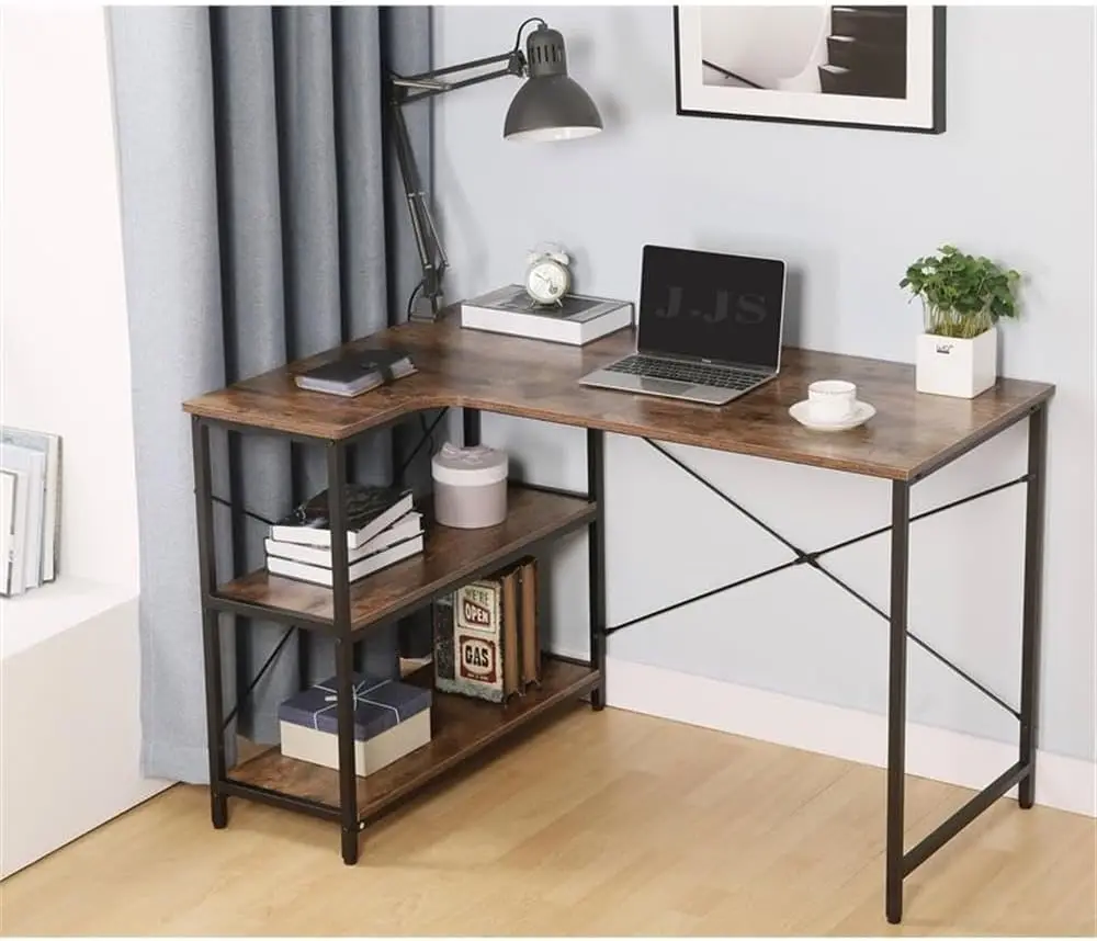 L-Shaped Home Office Corner Writing Computer Desk with Build-in Bookcase, Wood Metal Modern Study Laptop Table Workstation