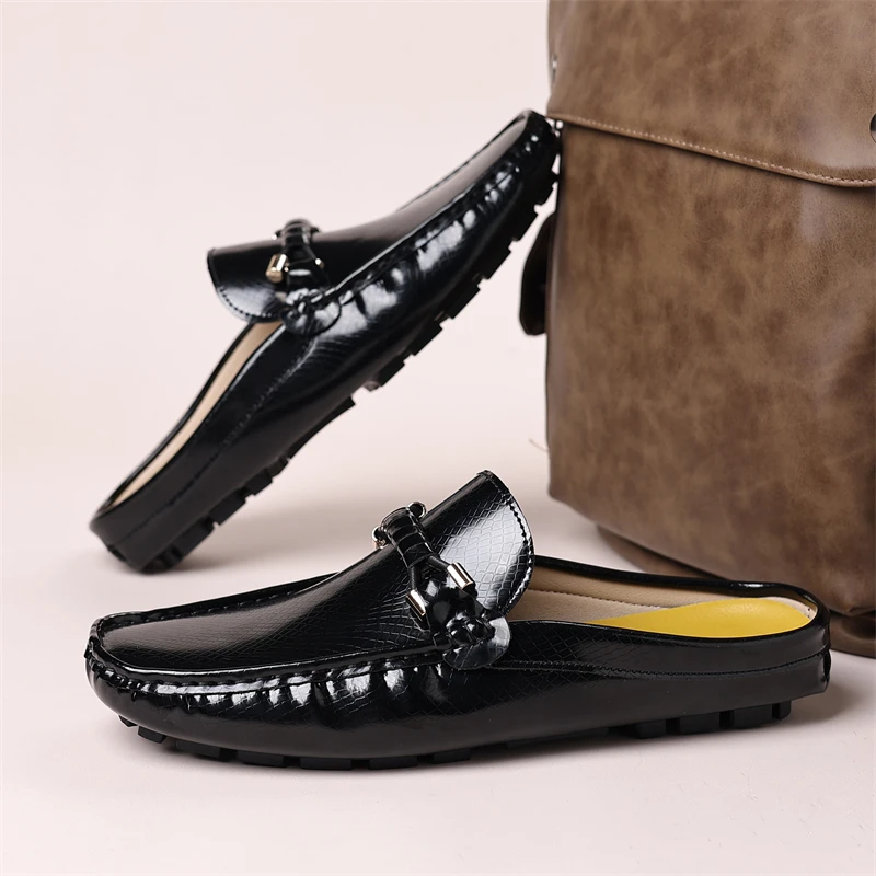 Classic Black Men's Half Shoes Fashion Bright Leather Shoes For Men Flat Loafers Comfortable Slip-on Casual Shoes Man Lazy Shoes