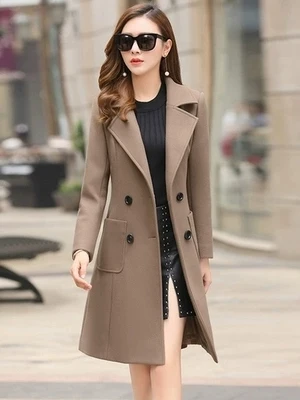 Commute OL Style Korean New Release Caramel Color Double Row Button Mid-Length Long Sleeve Woolen Coat Women's Jacket