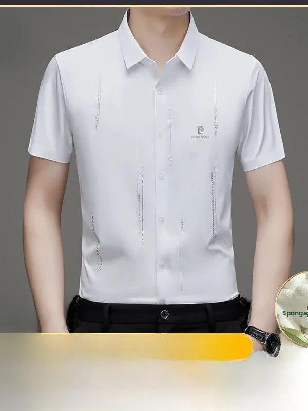 

Pierre Cardin Luxury Men's Silk No-Iron Short Sleeve Shirt Summer Anti-Wrinkle Business Shirt Seamless Elegant Male Fashion