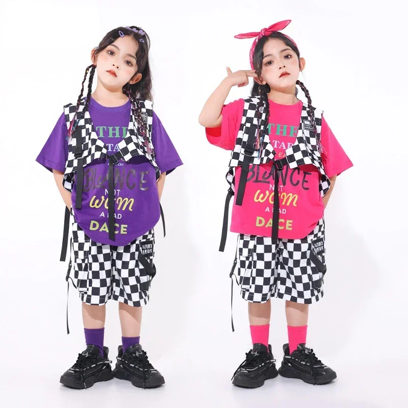 Children Hip Hop Costume Kids Jazz Dance Fashion Clothing Boys Girls Plaid Vest Shorts Street Dance Drum Stage Performance Wear