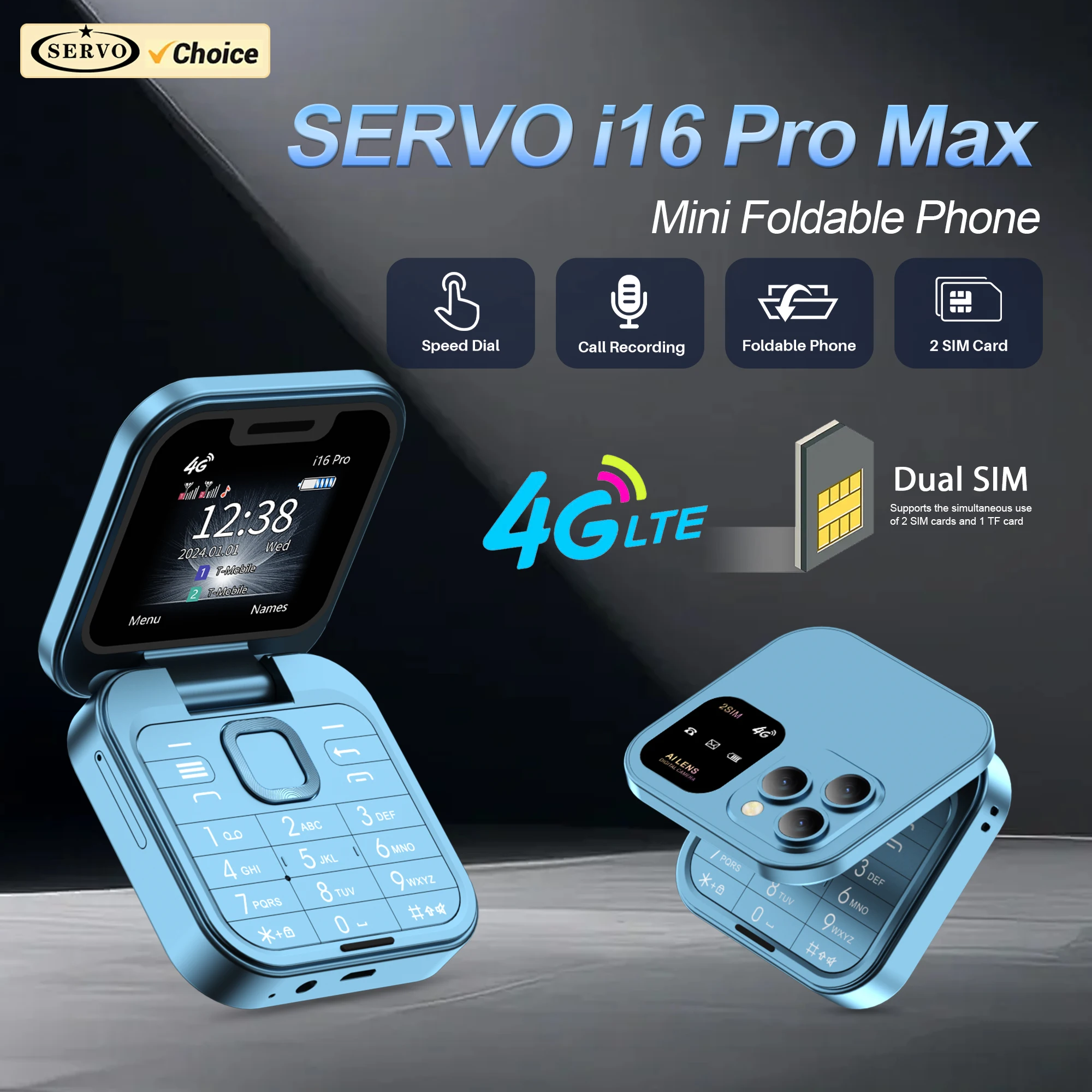 SERVO i16 PRO 4G LTE Network Mini Flip Mobile Phone Dual SIM Call Recording Speed Dial FM Radio 1.77 inches Screen Cellphone