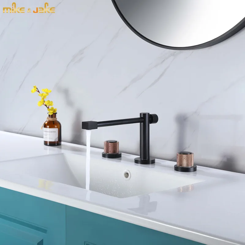 Matte black three hole basin faucet widespread double handle sink mixer wate tap black bathroom faucet hot and cold black tap