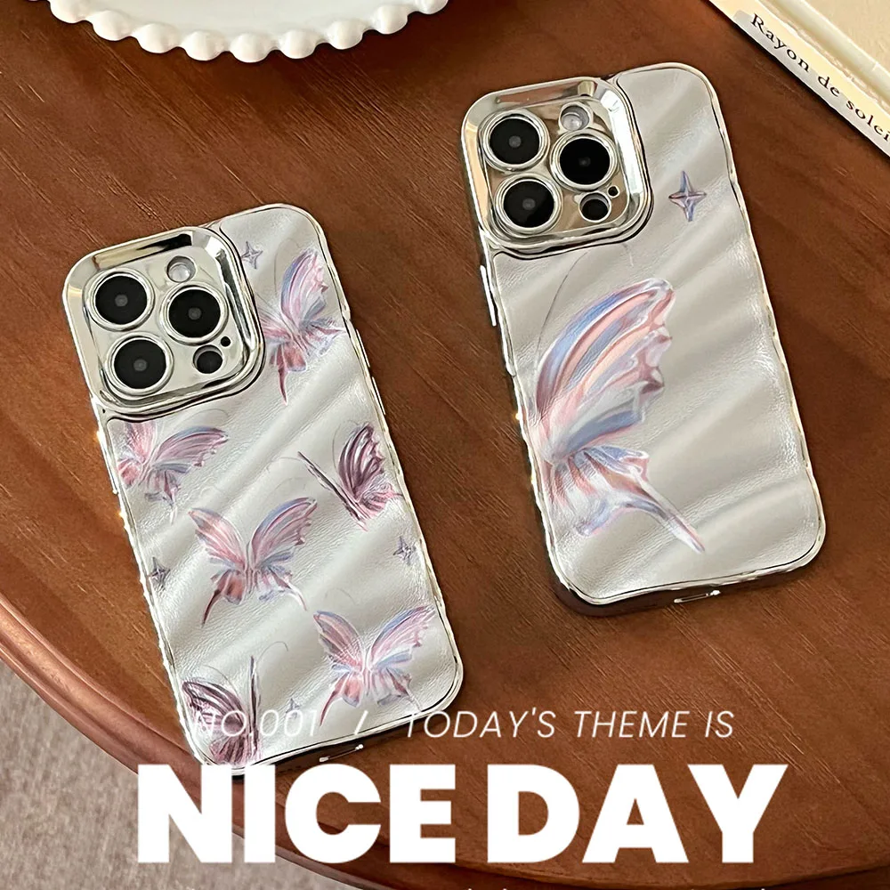 한국 INS 달콤한 나비 전화 케이스, 아이폰 15, 14, 13, 12, 11 프로 맥스, 럭셔리 전기도금 실버, 3D 물 잔물결 소녀 커버