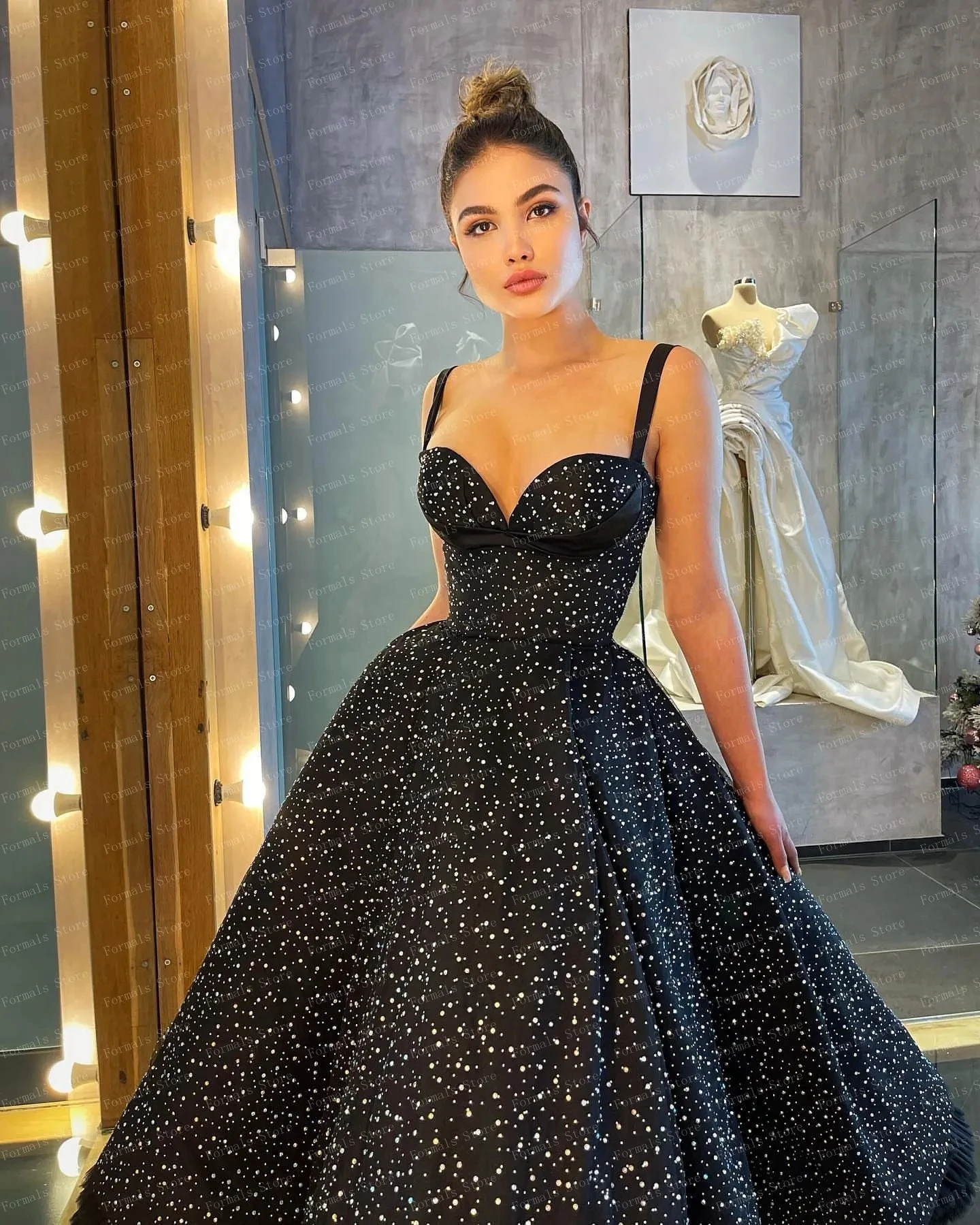 Flora Dress Elegant Black Tulle A-Line Sweetheart Ankle Length Evening Dresses Ruffles Spaghetti Strap Prom Gown For Women