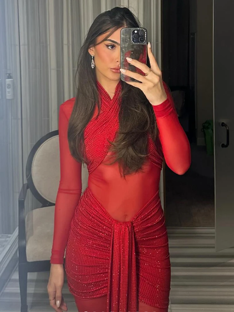 Glamorous Red Sequin Mesh Long Sleeve Dress – Deep V Neckline & High Slit Sheer Pageants Party Evening Gown