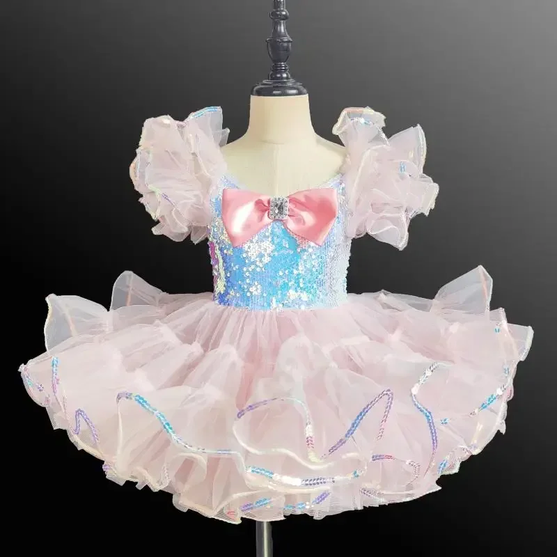 New Children's Sequin Ballet Professional Dance Dress Girls' Costume Stage Suit Preschool Bubble Sleeve Performance Dress