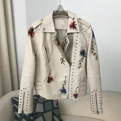 Moto & Biker Clothes 2024 Spring biker jacket PU Leather Jackets Women's  Embroidered Rivet CoatStreetwear Zipper Overcoat