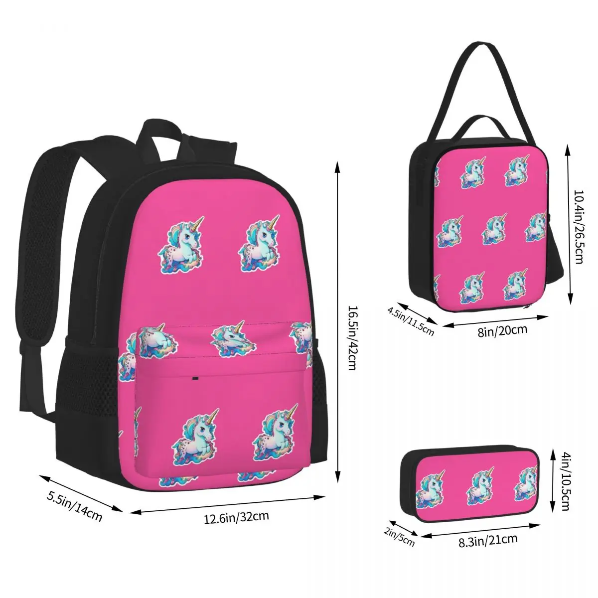 Cute Colourful Unicorn 5 Backpacks Students Bookbag School Bags Rucksack Lunch Bag Pen Bag Three-Piece Set