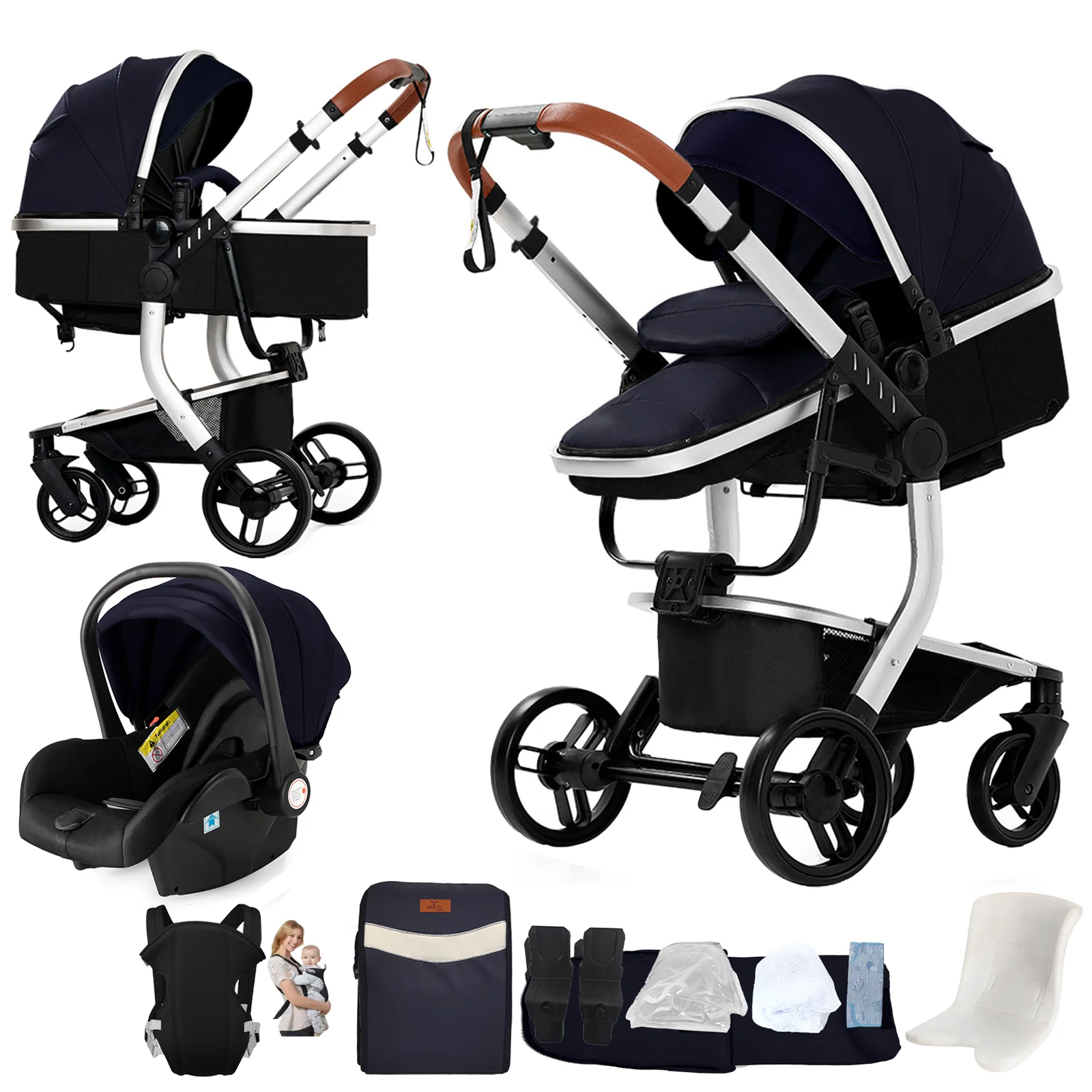 Kinderwagen 3-in-1 Babyreiswieg Lichtgewicht Opvouwbare Kinderwagen Hoge Ligstand Omkeerbare Babywagen Eenvoudig Opvouwbare Kinderwagen Compact