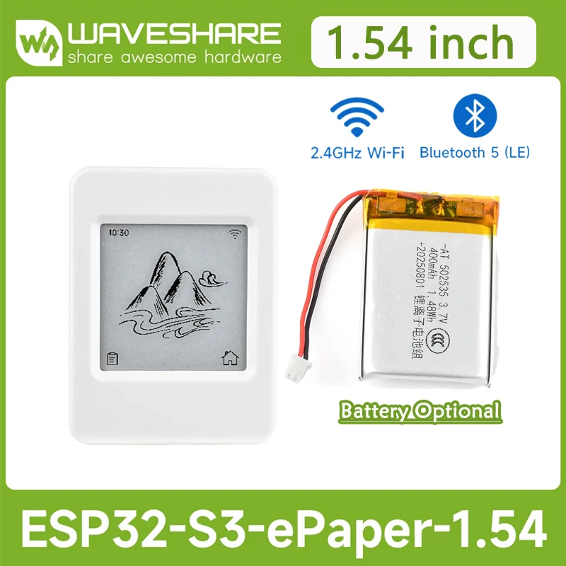 

Waveshare ESP32-S3 1.54inch E-Paper AIoT Deve Board, Black/White,Wi-Fi BLE, 200×200, Xiaozhi Deepseek Dual-mode Communica