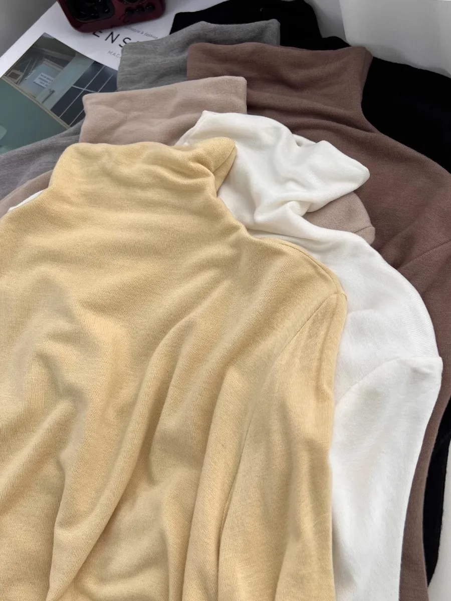Camiseta de punto extragrande de 300 Pou con tacto suave de cachemira, cuello alto, versátil, para mujer, otoño-invierno, estilo coreano.